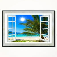 DesignART 'прозорец отворен за плажа со палма' Екстра големо морско море, врамени платно уметност