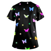 Жените Мода Пеперутка Печати V-Вратот Краток Ракав Работна Облека со Џебови Блуза XL