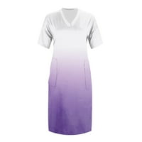 Летни Фустани За Жени Мода V-Вратот Краток Ракав Цветни Маица Фустани Над Коленото Џеб Женски Фустани Пурпурна XL