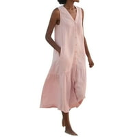 Земајќи Мода Женско Лето Лето Секојдневен Лабав Фустан Со Еднобојна Боја Без Ракави О Џеб За Вратот Макси Фустани За Жени Розова