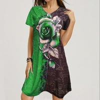 Повик V-Вратот Висок Половината Лабава Роза Печатени Боја Блок Краток Ракав Фустан