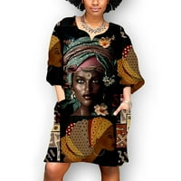 Пунтоко Клиренс Жени Африкански Гроздобер Печатење Среден Ракав V Вратот Обичен Мини Фустан