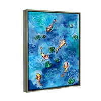 Кои риба рибиња езерцето лилјани животни и инсекти сликање сјај сиво врамен уметнички печатен wallид уметност