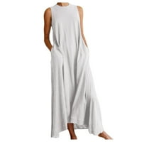 Бел фустан, женски обичен цврста боја, без ракав врат, долги здолништа фустани пад на фустани за жени