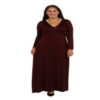 Облека за удобност женски плус големина V-врат со долг ракав макси фустан