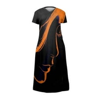 Женски Лето Мода Тенок Печатење V-Вратот Краток Ракав Џеб Голем Фустан
