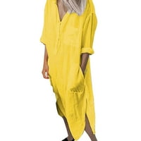 фустан за женска кошула qazqa v вратот долг ракав лабава лежерна со џебови предно копче жолта xxxl