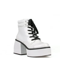 Патент женски чизми на платформата блок -потпетици со средни чевли со теле во бело