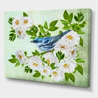 Малку сина птица што седи на гранка на бела роза растителна сликарска слика платно уметност принт