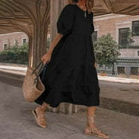 Модни Жени Лабава Еднобојна О-Вратот Надуен Ракав Обични Кратки Ракави Фустан Црн XXL