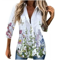Модни жени обични врвови со долг ракав цветни цвеќиња, неправилна кошула на врвови на блузи