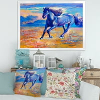 DesignArt 'Апстрактни сини коњи галопирани над фармата на прерии, врамени уметнички принт