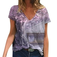 Баок женски блузи Дами Мода V - Вратот Цветни Печати Краток Ракав Маица Врвот краток ракав кошули за жени Виолетова