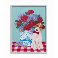 Cluple Industries Цветна вазна со кучиња црвено сино животно миленичиња сликарство врамена wallидна уметност од Сали Б